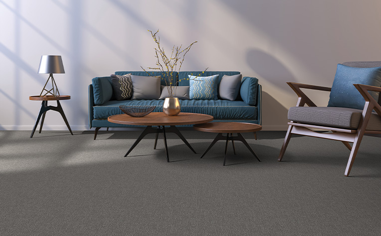 grey carpet in midcentury modern living room