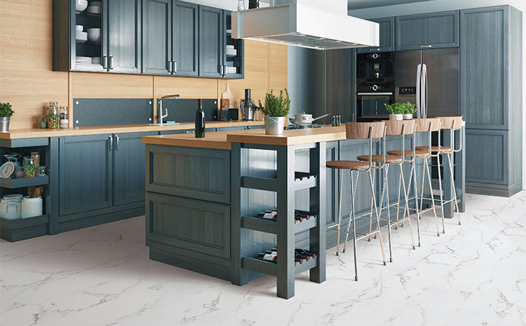 kitchen with black chairs and island