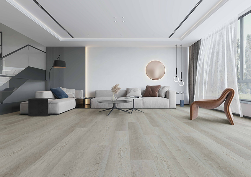 light toned luxury vinyl plank flooring in living room with modern decor